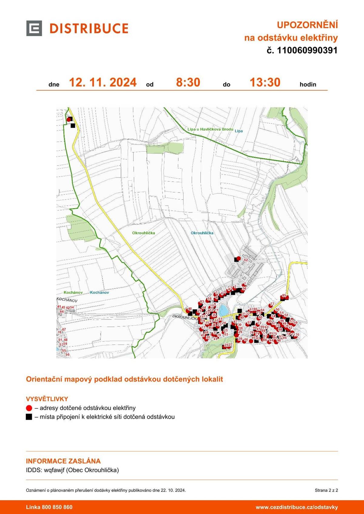 Odstávka ČEZ 12.11.2024 od 8:30 do 13:30 hod. v Okrouhličce.