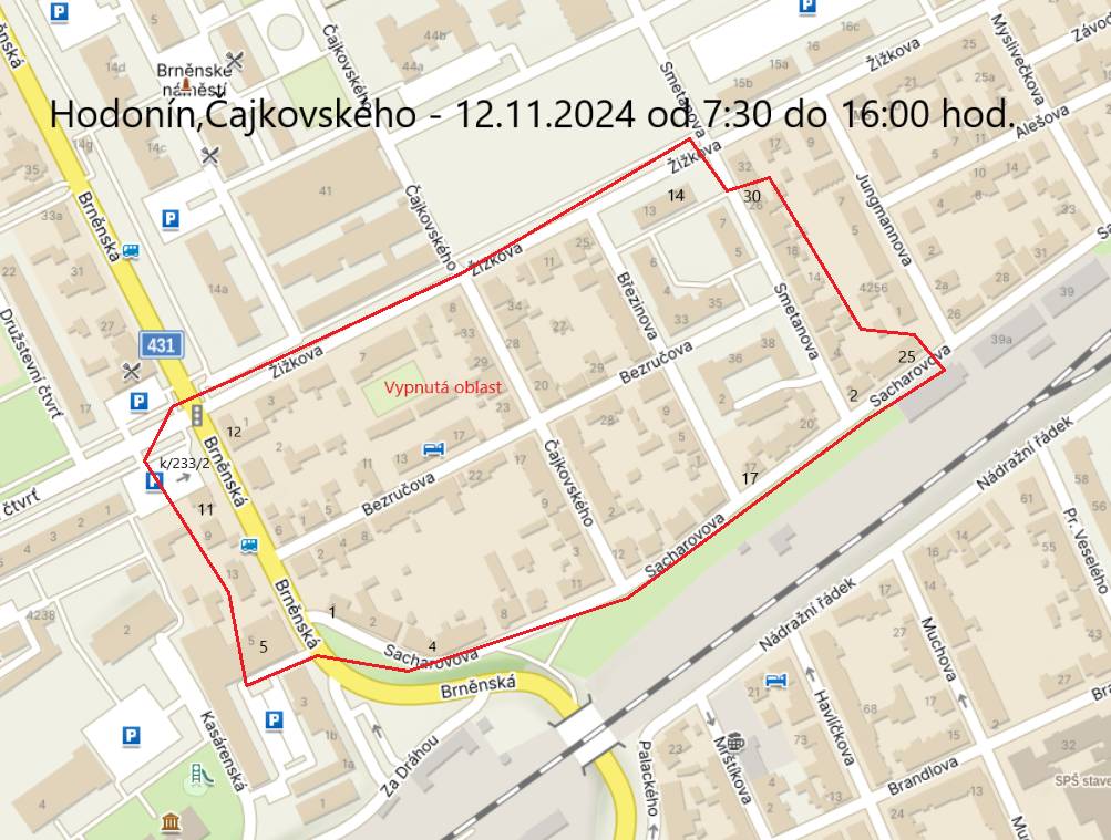 Na základě sdělení distributora elektrické energie, společnosti EG.D, a. s., oznamujeme, že ve Vaší lokaliteě bude z důvodu plánovaných oprav distribučbí sítě přerušena dodávka elektrické energie, a to v úterý 12. listopadu v době od 7.30 do 16.00 hodin. Vypnutá oblast: Hodonín - Smetanova od č. 30 a č. 7 po ul. Sacharovova, Březinova, Čajkovského od Žižkova po Sacharovova, Bezručova, Brněnská od ul. Žižkova po čp. 5 a ul. Sacharovova, Sacharovova od čp.1 po čp. 25, Žižkova pravá strana od ul. Brněnská po ul. Smetanova.