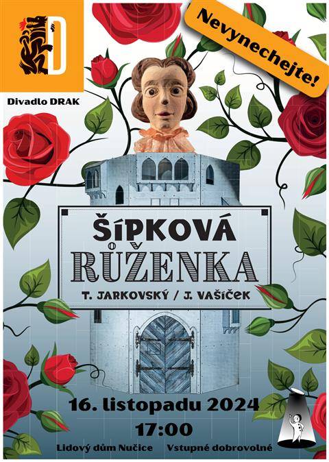 Ochotnický spolek ŽUMPA vás srdečně zve na výjimečné loutkové představení Šípková Růženka od legendární profesionální divadelní scény Divadla Drak z Hradce Králové. Budeme se na vás u této maňáskové grotesky těšit v sobotu 16. listopadu 2024 v Lidovém domě. Představení je vhodné pro děti od 6 let ale vřele ho doporučujeme také dospělým a slibujeme vám, že se budete báječně bavit. Také je nutné zmínit, že představitel hlavní role Jan Popela byl za tuto inscenaci nominován na Cenu Thálie. Tuhle akci zkrátka nesmíte vynechat! Více na www.divadlozumpa.cz