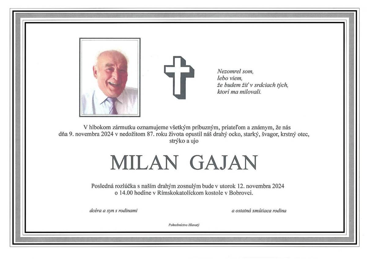 Smútočné oznámenie Milan Gaja