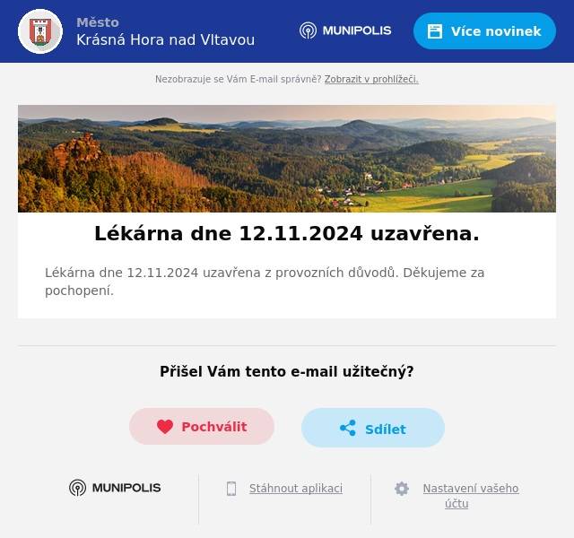 Lékárna dne 12.11.2024 uzavřena z provozních důvodů. Děkujeme za pochopení.