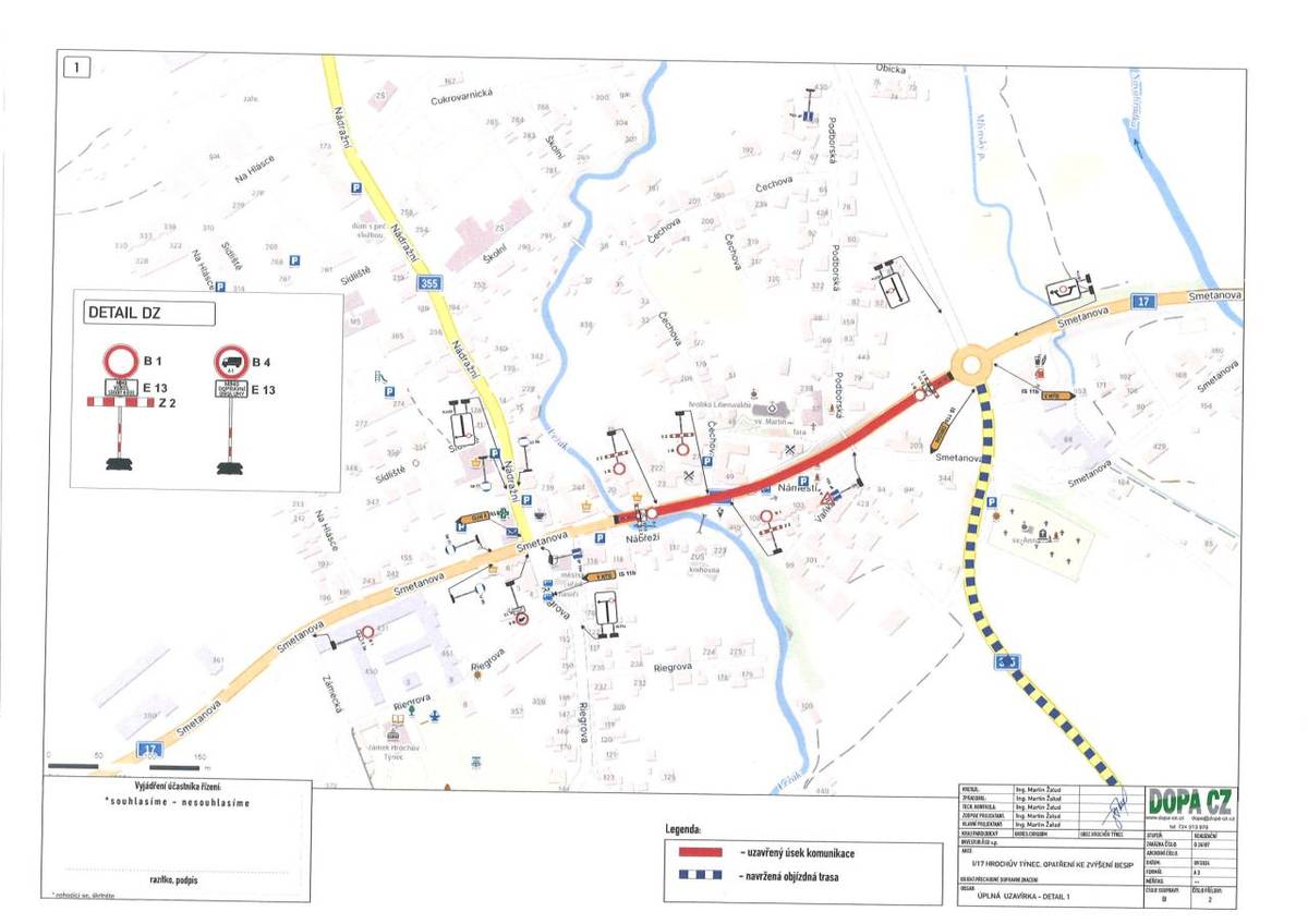 Úplná uzavírka bude provedena přibližně od mostu ev. č. 17-034 na silnici I. třídy č. 17 po okružní křižovatku silnic I. třídy č. 17, II. třídy č. 355 a III. třídy č. 32246. Délka uzavřeného úseku je zhruba 370 m.