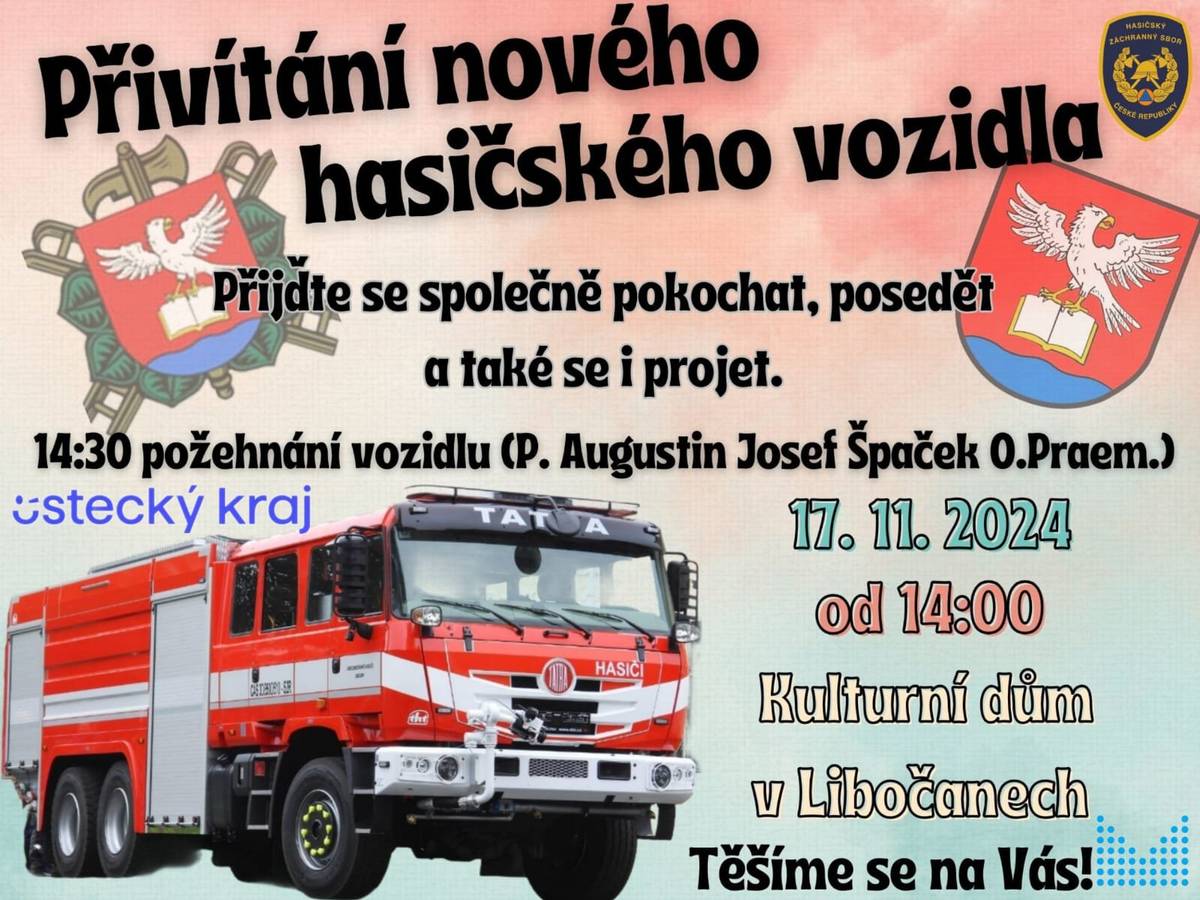 Zveme Vás co nejsdrečněji na přivítání našeho nového hasičského vozidla TATRA 815 CAS 30. Neděle 17.11.2024 od 14:00 hodin před Kulturním domem. Obec Libočany - Hasiči Libočany  - SDH Libočany :-)
