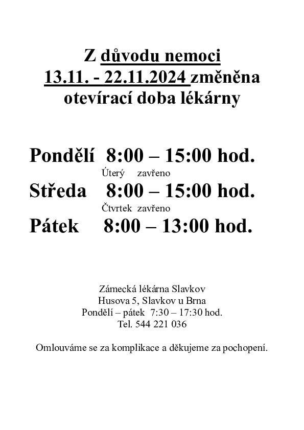 Lékárna Křenovice informuje o dočasné změně otevírací doby.
