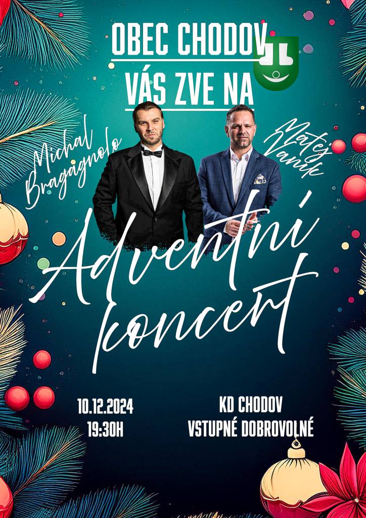 Obec Chodov Vás zve na Adventní koncert, který se koná v úterý 10. prosince 2024 od 19:30 hodin v Kulturním domě v Chodově. Zazní české i světové hity a vánoční písně a koledy.  Unikátní propojení českého a slovenského interpreta.  Vstupné dobrovolné.