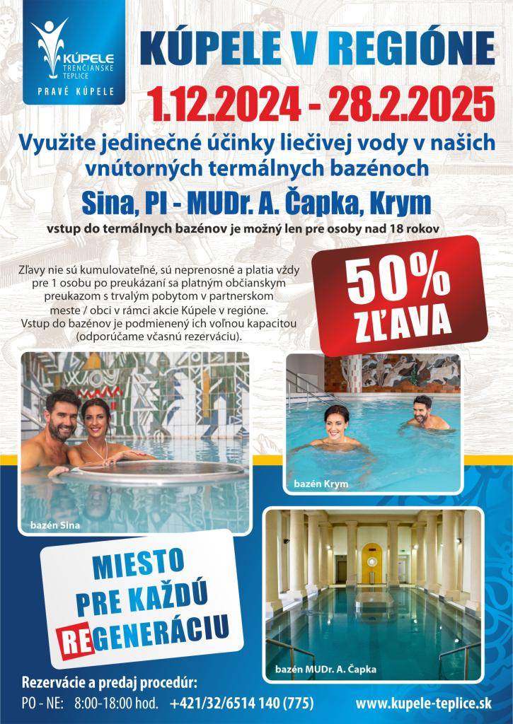 Od 1.12.2024 do 28.2.2025 majú občania s trvalým pobytom v obci Prusy možnosť využiť 50% zľavu na základe Zmluvy o spolupráci s Kúpeľmi Trenčianske Teplice, a. s.  Viac info na priloženom letáku...