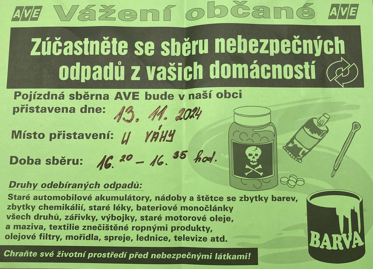 Mobilní svoz nebezpečného odpadu proběhne zítra 13.11.2024 v čase 16:20 - 16:35