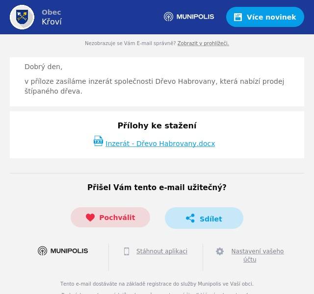 Dobrý den, v příloze zasíláme inzerát společnosti Dřevo Habrovany, která nabízí prodej štípaného dřeva.