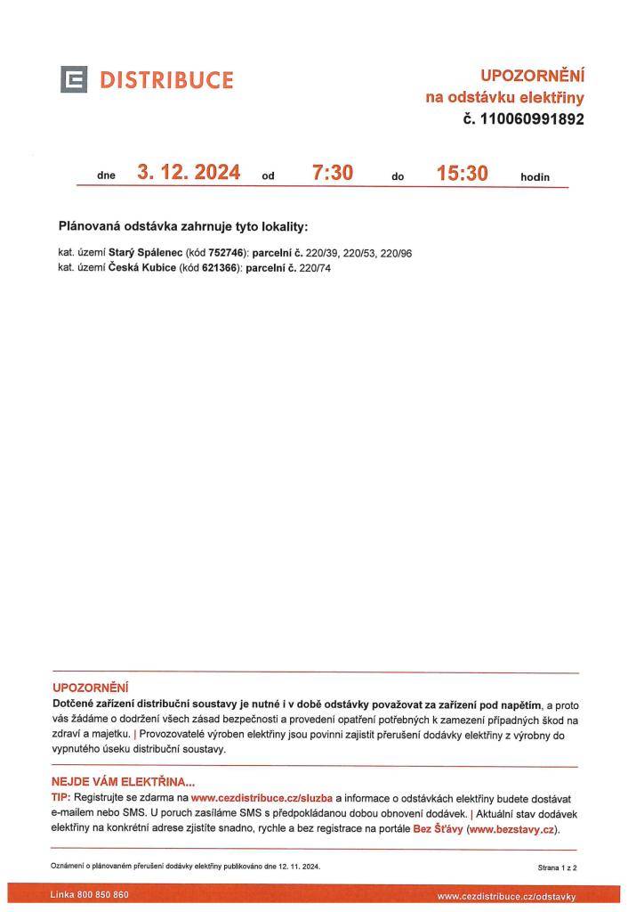 Oznámení o přerušení dodávky el. energie dne 3.12.2024