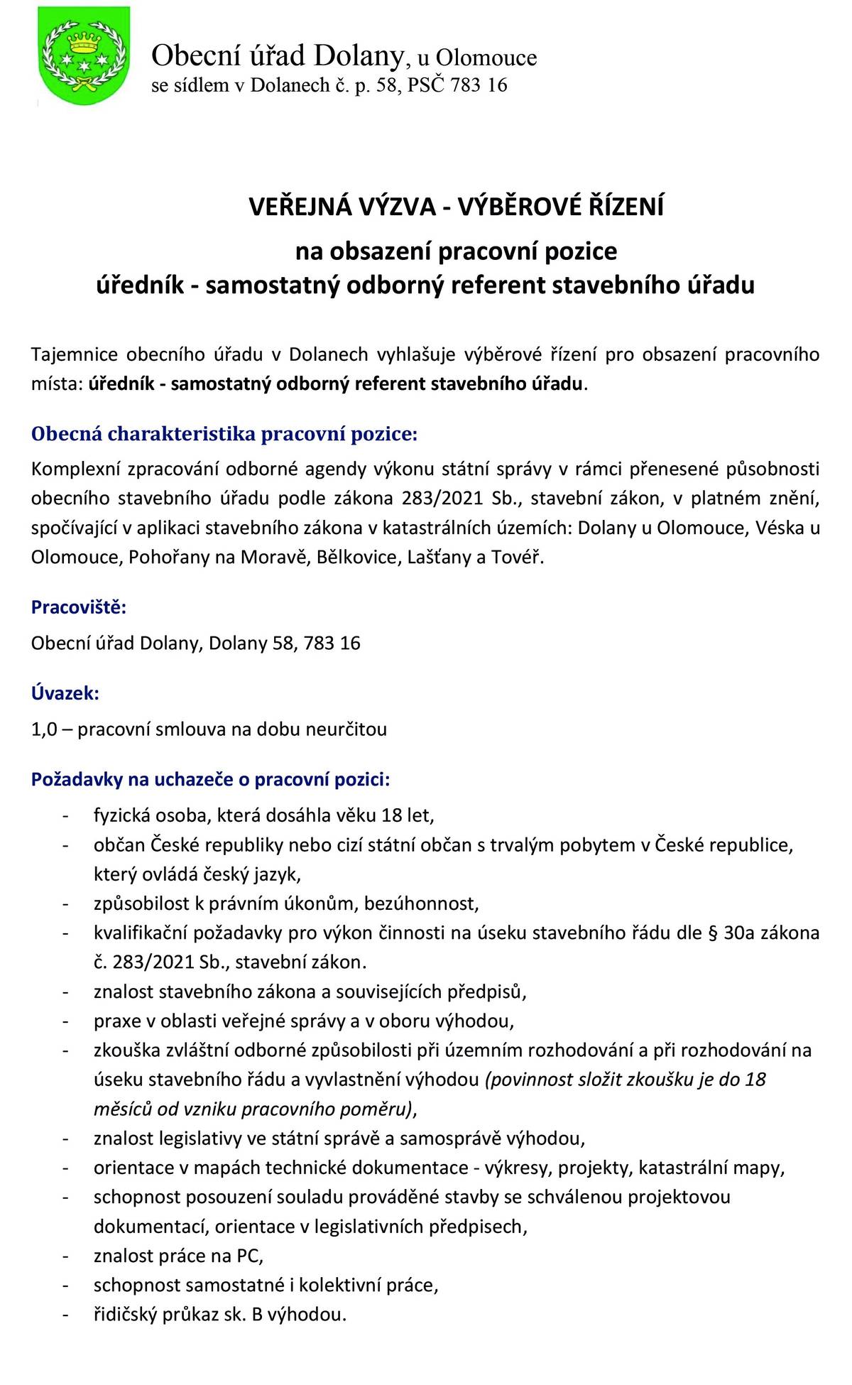 a pozici úředník - samostatný odborný referent stavebního úřadu více informací v příloze