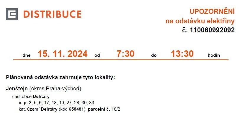 Odstávka se týká jen části Dehtár.