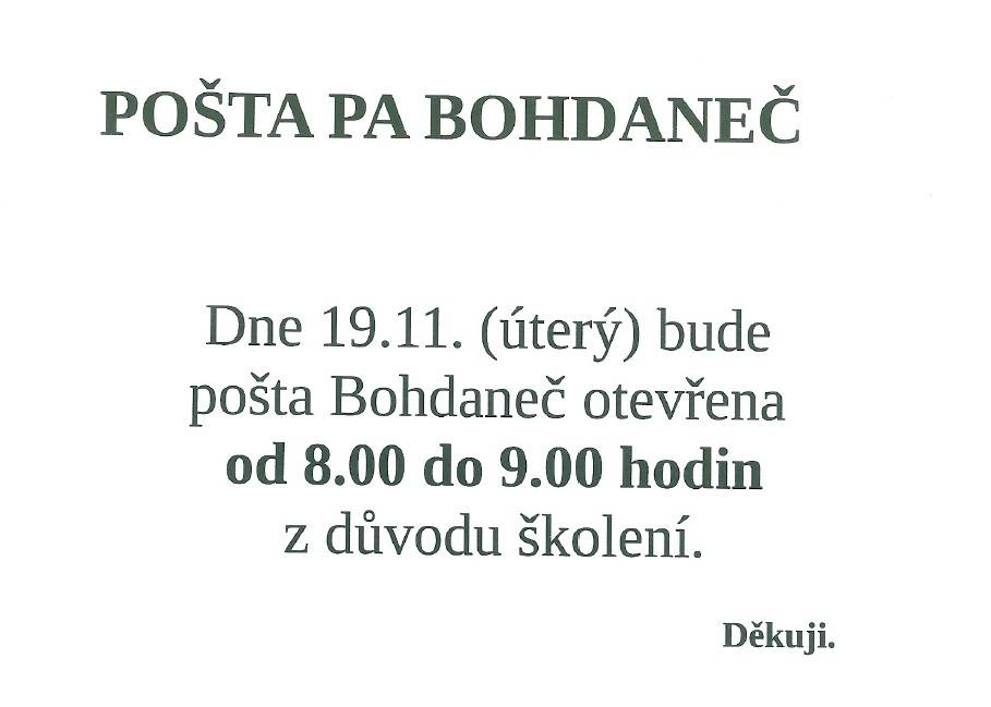 Omezení provozní doby Pošty Partner Bohdaneč dne 19.11.2024