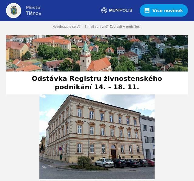 Upozorňujeme občany, že: v termínu od 14. do 18. listopadu bude probíhat plánovaná odstávka informačního systému Registr živnostenského podnikání v pátek 15. listopadu nebude možno provádět žádná elektronická podání osobně na žádném živnostenském úřadě v ČR v průběhu pondělí 18. listopadu by měl být provoz obnoven. Doporučujeme však v tento den v případě nevyhnutelné návštěvy funkčnost systému ověřit telefonicky na tel.: 549 439 734 nebo 549 439 760 tato odstávka se dotkne také Portálu živnostenského podnikání, a to od pátku 15. listopadu 17:00 h do neděle 17. listopadu 22:00 h. V této době může dojít k výpadkům dostupnosti služeb Portálu ŽP V případě potřeby raději doporučujeme navštívit živnostenský úřad již ve středu 13. listopadu. Děkujeme za pochopení.