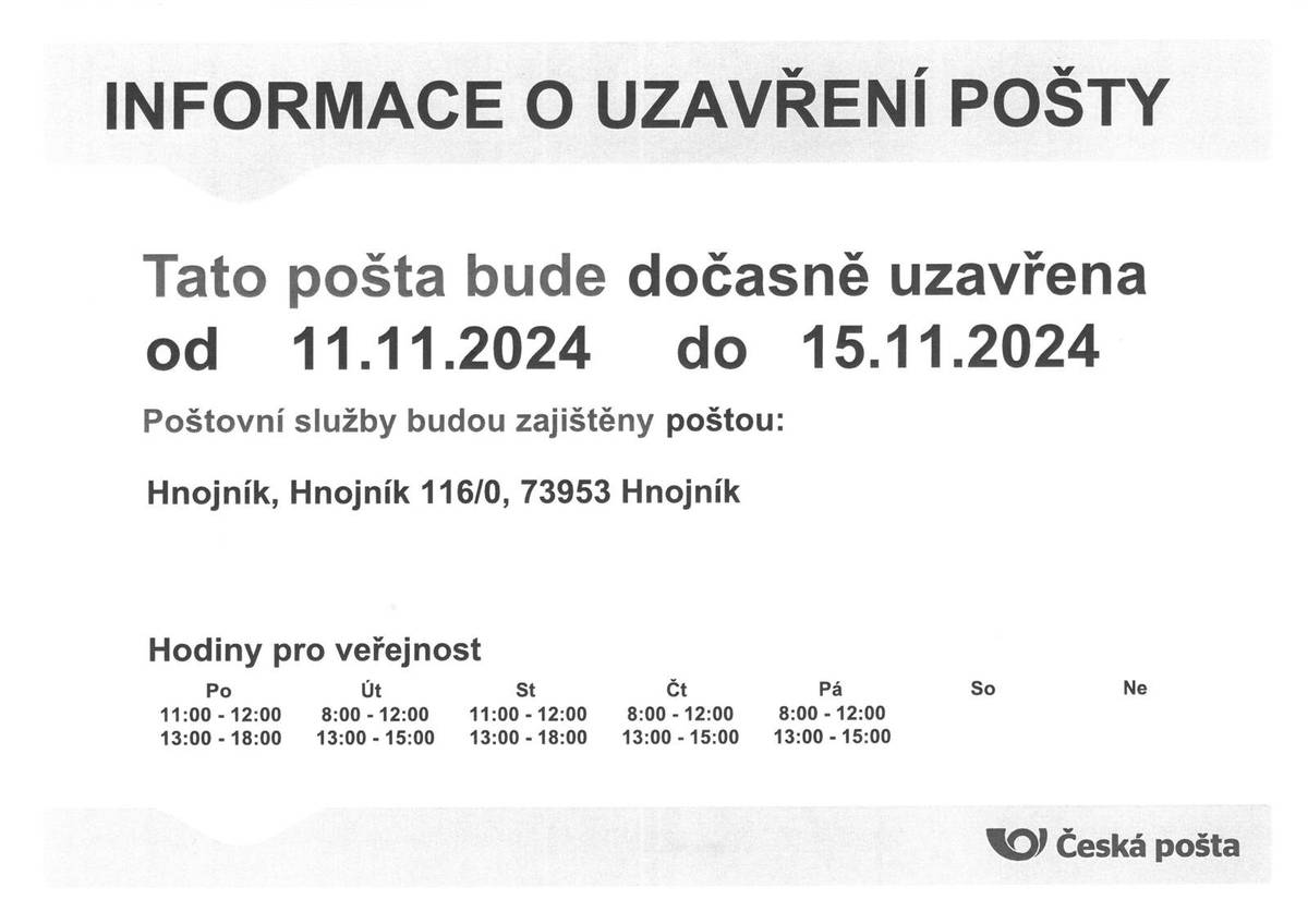 Pošta Partner Třanovice bude od 11.11.2024 do 15.11.2024 UZAVŘENA. Děkujeme za pochopení