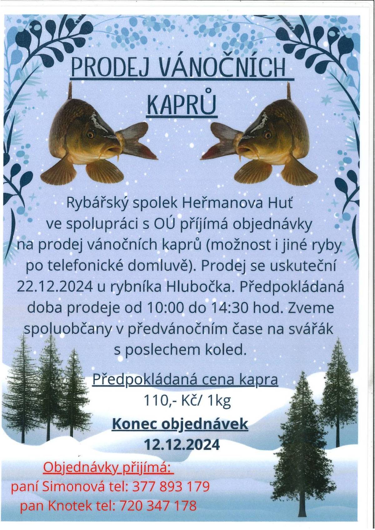 Rybářský spolek HH ve spolupráci s OÚ přijímá objednávky na prodej vánočních kaprů.