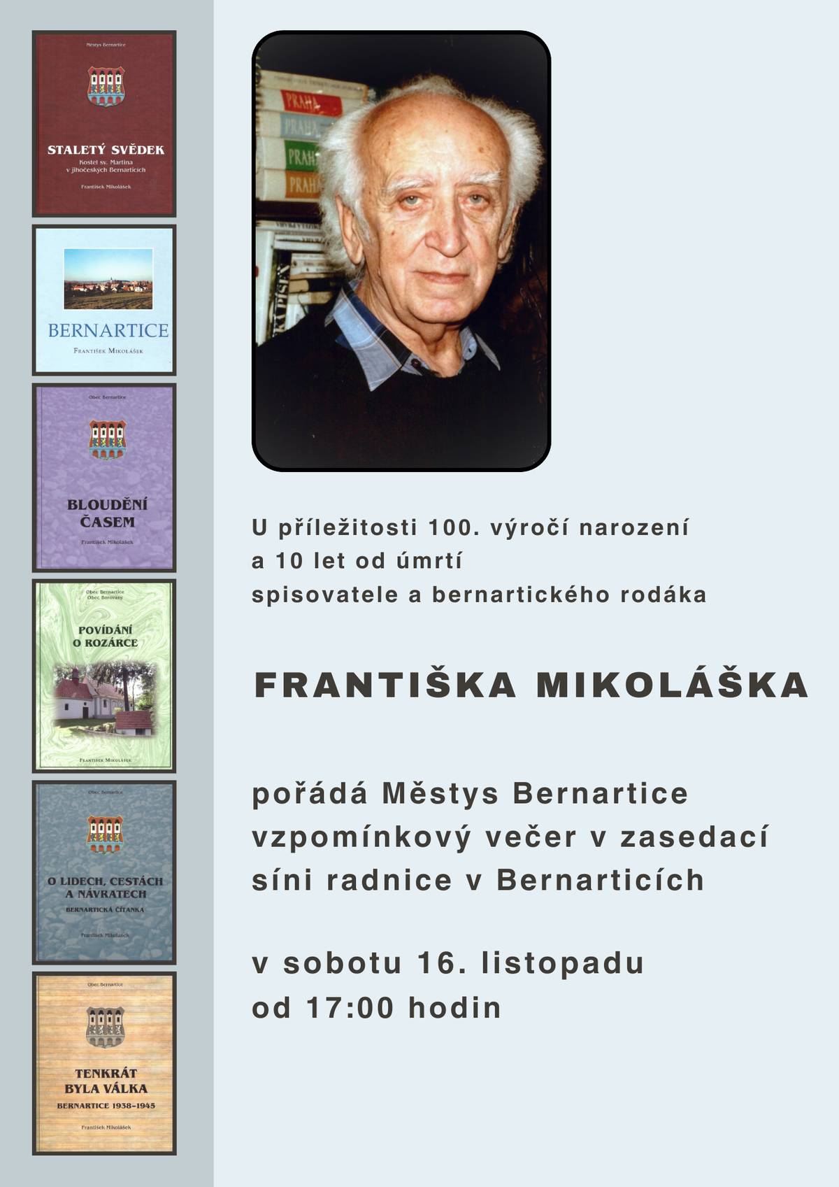 V sobotu 16.11.2024 od 17:00 v zasedací místnosti radnice v Bernarticích.