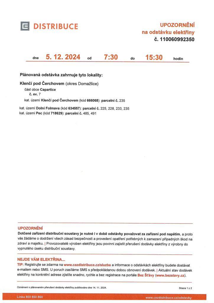 Oznámení o přerušení dodávky el. energie dne 5.12.2024