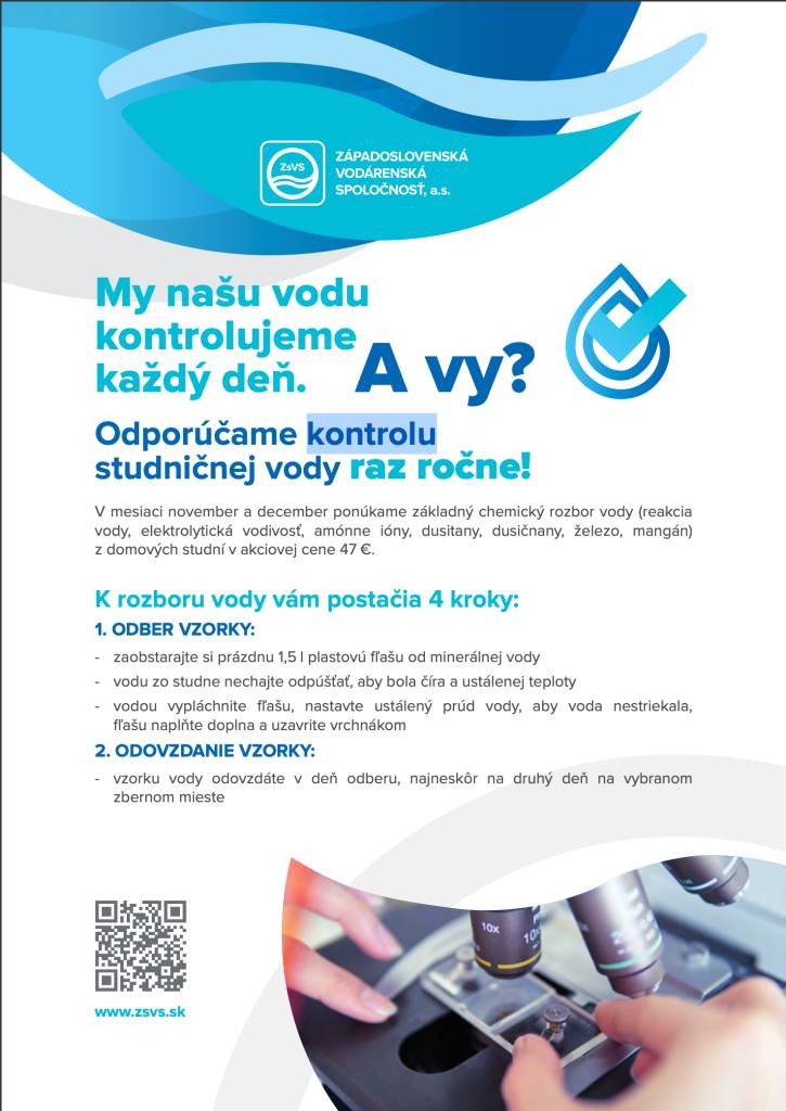 Západoslovenská vodárenská spoločnosť, a.s. oznamuje, že v mesiacoch november a december 2024 ponúka základný chemický rozbor vody z domových studní v akciovej cene 47,- €.