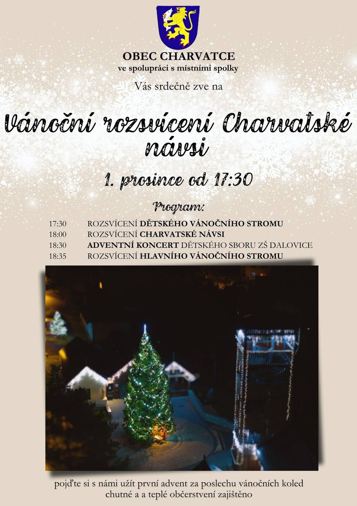 Obec Charvatce Vás ve spolupráci s místními spolky zve na Vánoční rozsvícení Charvatské návsi, které se bude konat v neděli 1. prosince od 17:30