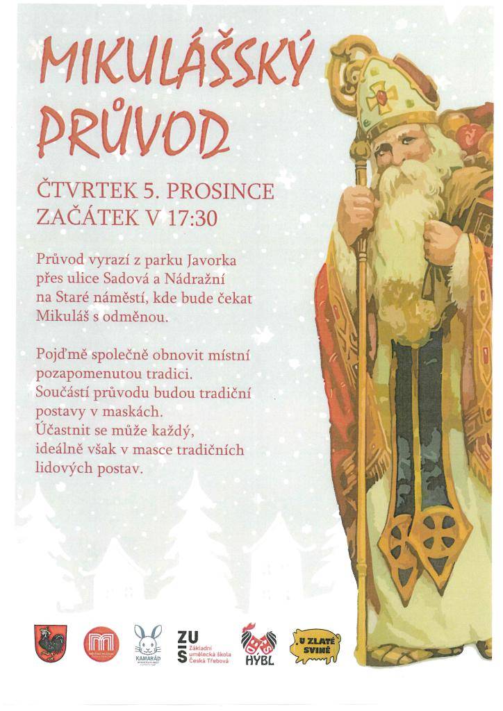 Zveme vás na tradiční mikulášský průvod, který se uskuteční 5. prosince. Průvod začne v 17:30 v parku Javorka a povede ulicemi Sadová a Nádražní na Staré náměstí, kde na vás čeká Mikuláš s odměnami.