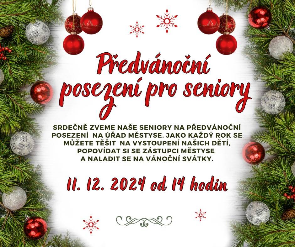 Městys zve seniory na tradiční předvánoční posezení, které se koná 11. prosince 2024 od 14 hodin. Na programu je vystoupení dětí a možnost popovídat si se zástupci městyse. Přijďte se naladit na vánoční svátky!