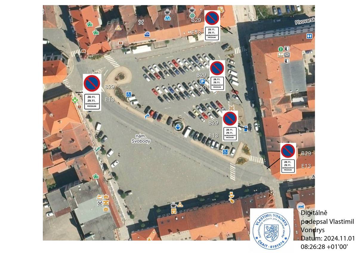 Městský úřad Vodňany, odbor výstavby a územního plánování, jako věcně a místně příslušný obecní úřad obce s rozšířenou působností, stanovuje přechodnou úpravu provozu, na návrh podaný dne 18.11.2024 městem Vodňany, IČ: 00251984, se sídlem nám. Svobody 18, 389 01 Vodňany, na místní komunikaci: nám. Svobody ve Vodňanech ve správním obvodu obce s rozšířenou působností Vodňany, v termínu od 28.11.2024 do 29.11.2024, z důvodu provádění georadarového průzkumu podloží veřejného prostranství, dle dopravně inženýrského opatření, které je nedílnou součástí tohoto opatření obecné povahy.