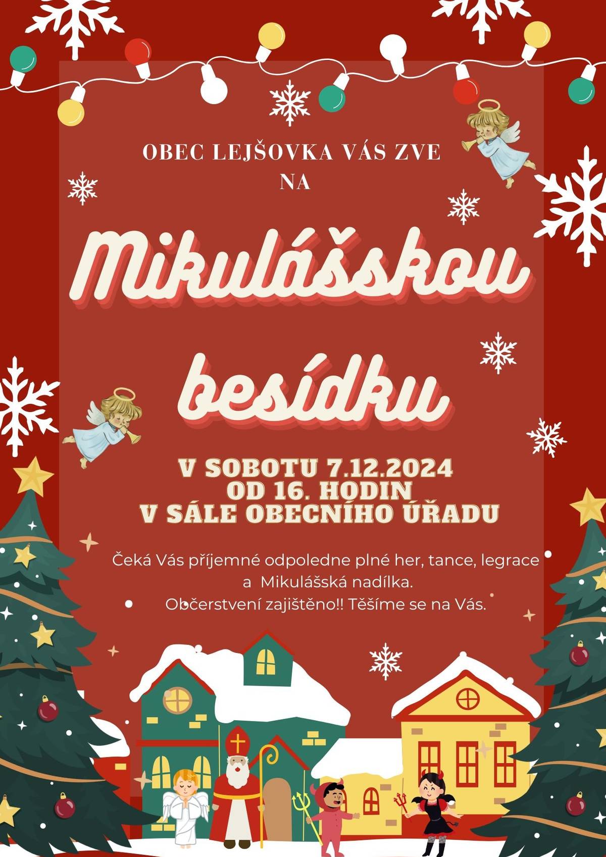 Především dětičky zveme na Mikulášskou besídku v sobotu 7.prosince 2024 od 16 hodin v sále na obecním úřadě