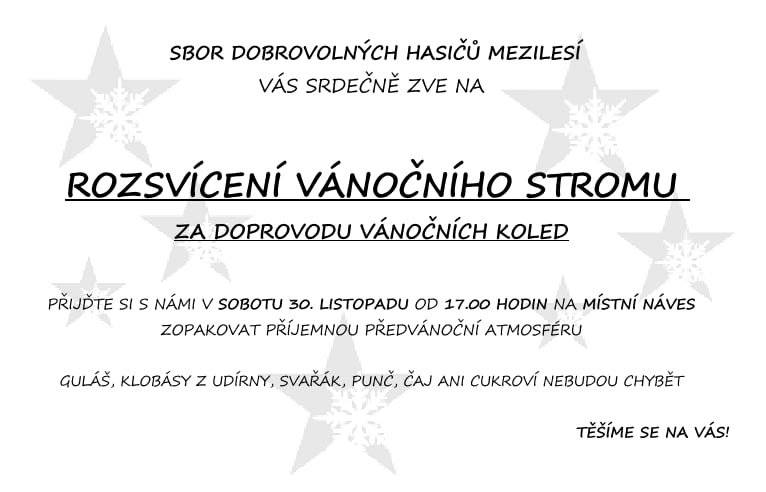V sobotu 30.11. v 17:00 hod. proběhne již tradiční rozsvícení vánočního stromu na návsi. Těšíme se na Vaší účast.