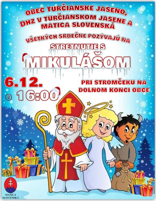 Srdečne všetkých pozývame na STRETNUTIE S MIKULÁŠOM dňa 6. decembra 2024 o 16. hodine pri stromčeku na dolnom konci obce.