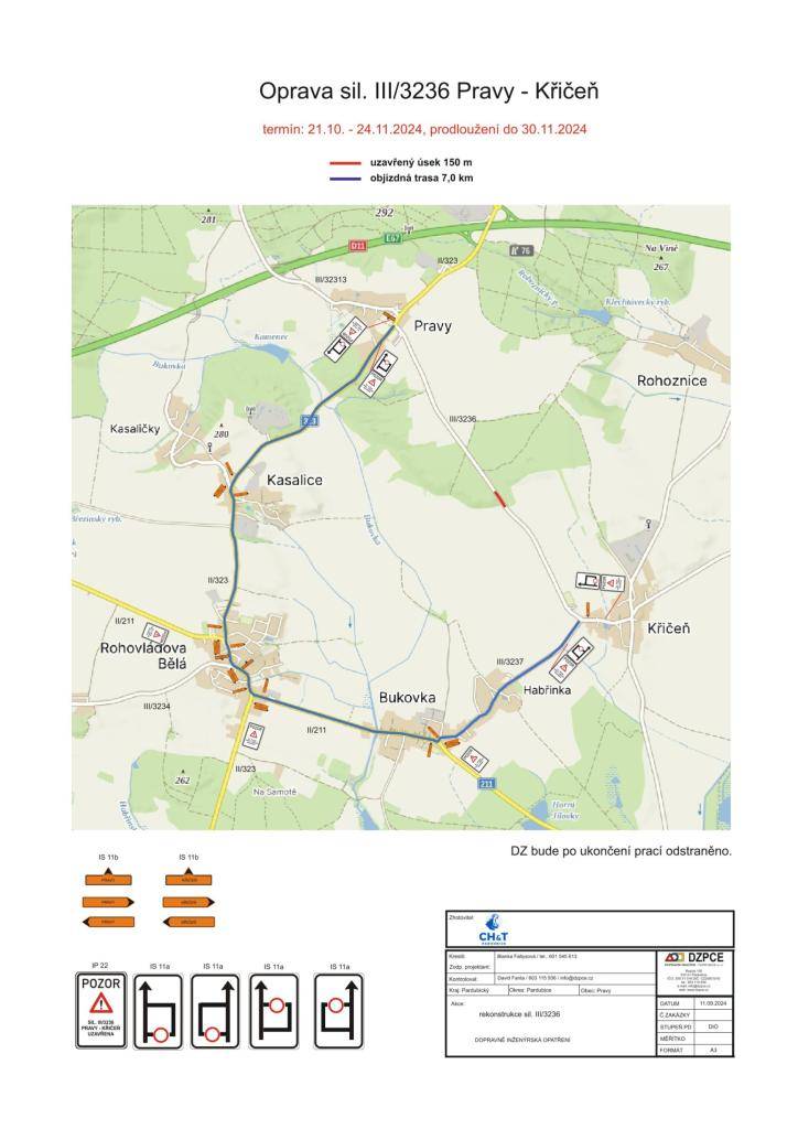 Prodlužení termínu opravy silnice do 30.11.2024 z důvodu zhoršení klimatických podmínek, za kterých není možné provést pokládku asfaltových hutněných vrstev.