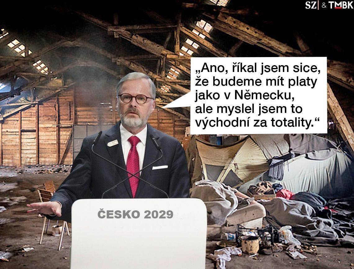 Petr Fiala skutečně řekl, že potřebuje u moci zůstat ještě další volební období, aby tu mohly být platy jako v Německu. Jak to myslel? Koláž TMBK pro SZ.
