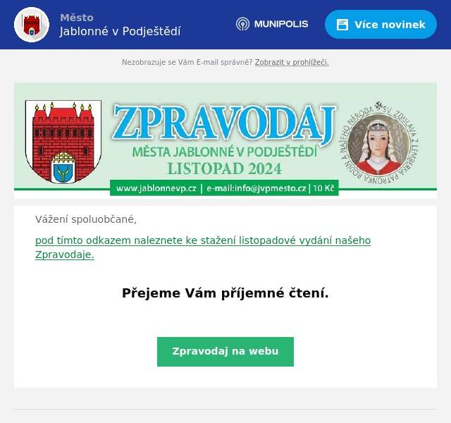 Vážení spoluobčané, pod tímto odkazem naleznete ke stažení listopadové vydání našeho Zpravodaje.  Přejeme Vám příjemné čtení. 