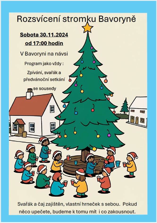 OD 17:00 na návsi.  Jako tradičně k tomu zahrajeme a děti zazpívají vánoční koledy, dáme si svařáček nebo teplý čaj a ochutnáme nějaké dobroty. Hrneček na čaj/svařák si vezměte vlastní s sebou. A něco k ochutnání pro sousedy můžete také přinést :-)