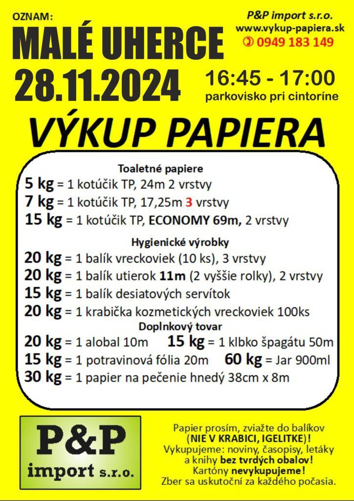 Výkup papiera 28.11.2024 (štvrtok)  16:45 - 17:00 parkovisko pri cintoríne