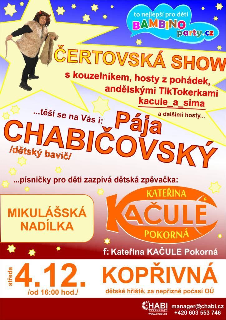 Zveme Vás na tradiční Čertovskou show, které se koná 4.12. od 16 hodin vedle obecního úřadu.   V případě nepříznivého počasí se akce uskuteční přímo na obecním úřadě.  Rok s rokem sešel a Mikuláš s čertem míří k nám!  Přijďte se podívat těšíme se na Vás.