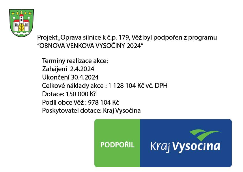 Datum zahájení 04/2024  Datum ukončení 04/2024  Celková cena projektu 1 128 104,- Kč  Dotace:150 000,- Kč  Vlastní podíl obce Věž 978 104,- Kč