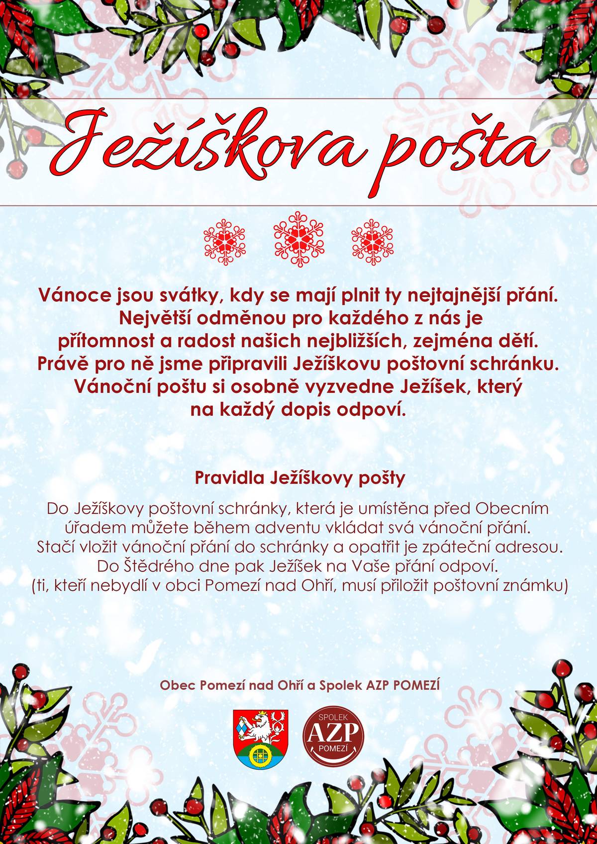Od 1. 12. 2024 na Vás čeká Ježíškova poštovní schránka v Pomezí nad Ohří