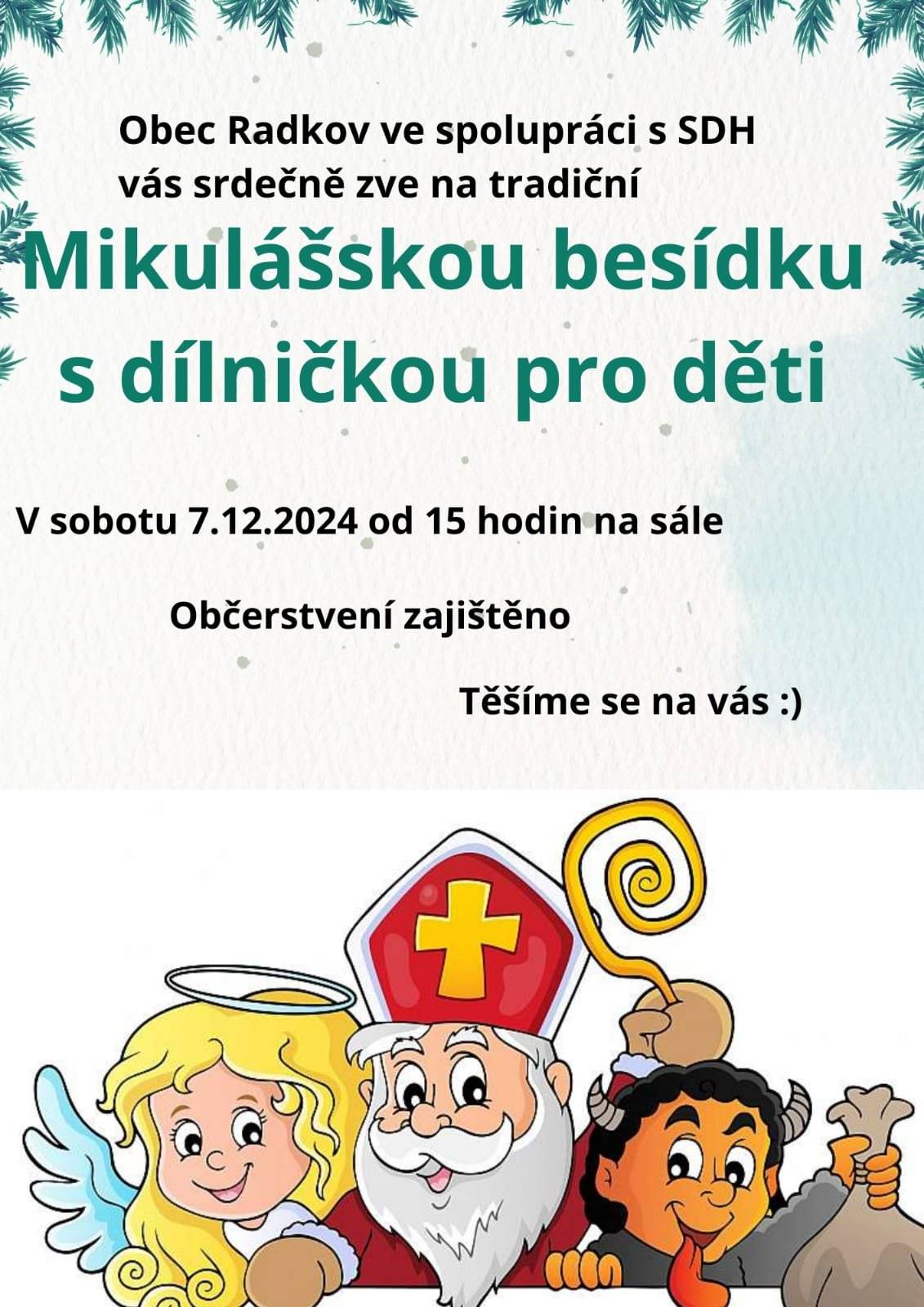 Mikulášská besídka s dílničkou pro děti v sobotu 7.12.2024 od 15h na sále