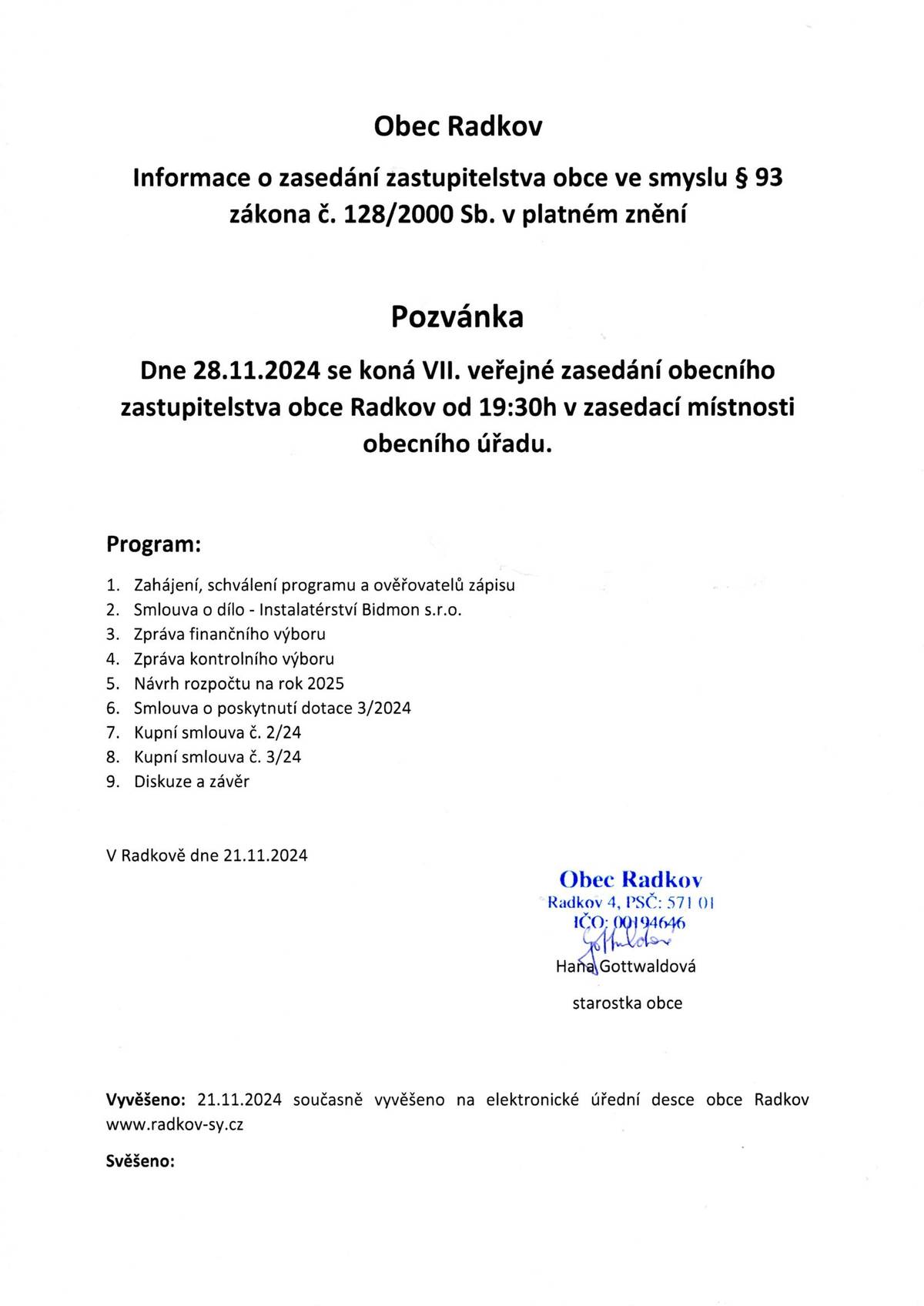 Pozvánka na VII. veřejné zasedání 28.11.2024 od 19:30h