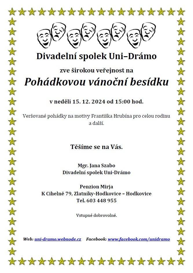 Pozvánka Pohádkovou vánoční besídku, která se bude konat v neděli 15.12.2024 v 15 hod.