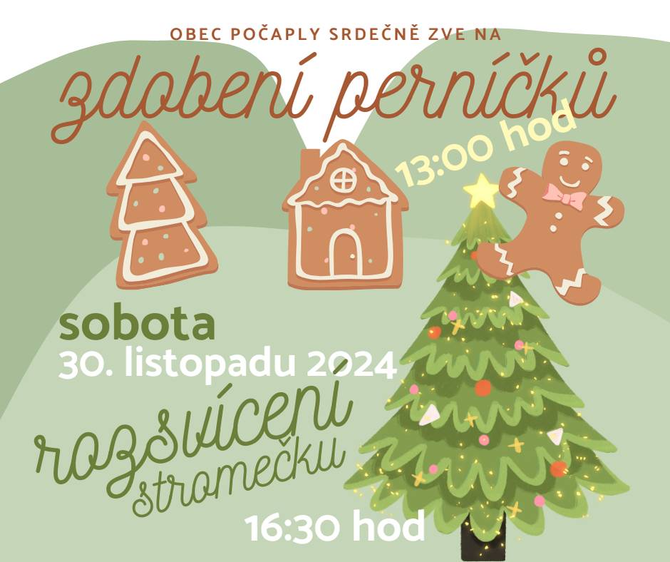 Příští sobota 30.11.2024 bude nabitá! 💥 Od 13 hodin dorazte do hasičárny péct a zdobit perníčky anebo jen zajděte na kávu ☕a ochutnat čerstvě upečené perníčky. A od 16:30 pokračujeme na hřišti - rozsvítíme stromeček 🎄 a zahájíme adventní čas třeba svařákem 🍷. Těšíme se na vás! 🌟