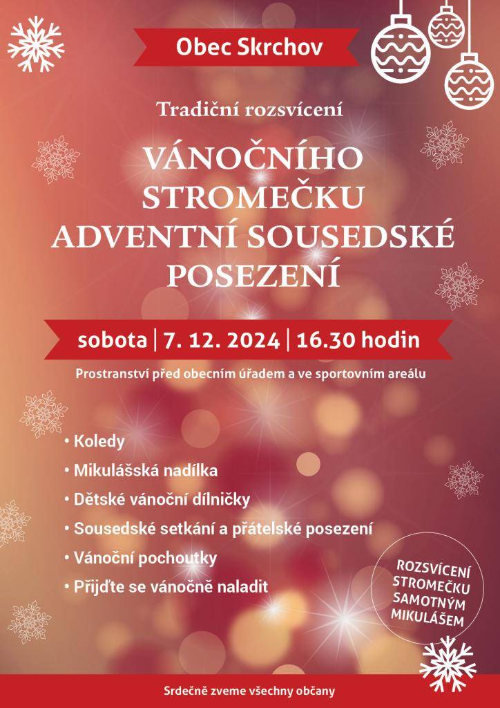 Tradiční rozsvícení vánočního stromečku, adventní sousedské posezení a dílničky pro děti    7. 12. 2024 / 16.30 hodi