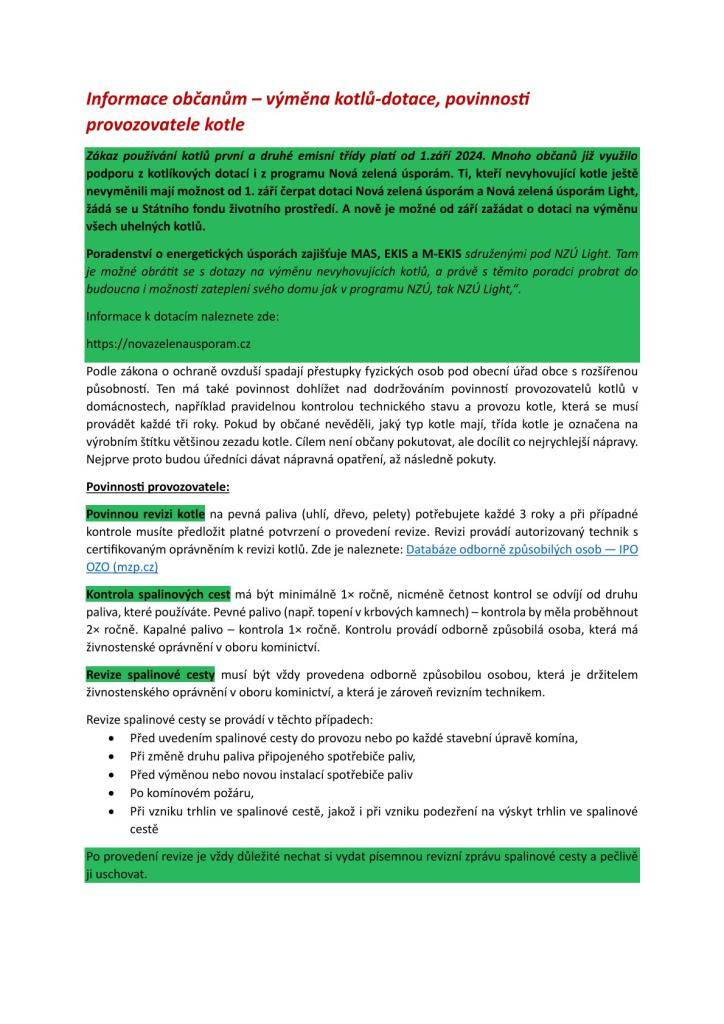 Povinnosti provozovatele kotle.