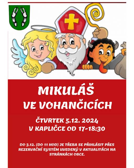 Milí občané,    pro letošek bude opět Mikuláš v kapličce, který se koná ve čtvrtek 5. 12. 2024 od 17.00 do 18.30 hodi