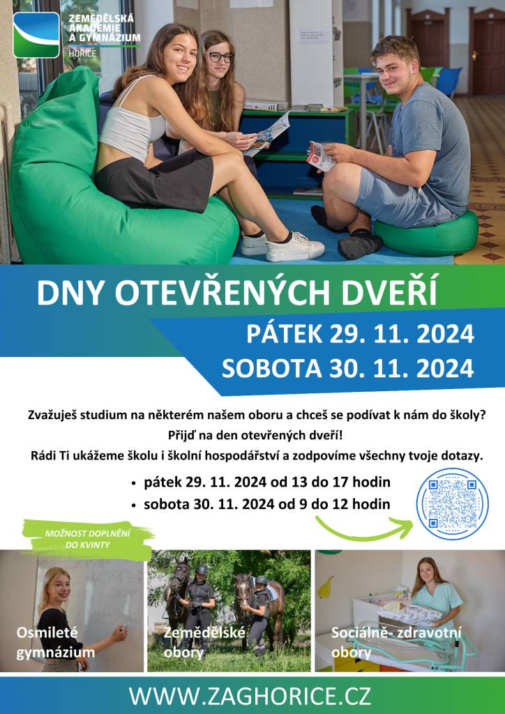 Kam po základní škole? Maturita nebo vyučení? Možnost prohlídky všech budov školy a rozhovoru nabízí Zemědělská akademie a Gymnázium Hořice ve dnech 29. a 30. 11. 2024.
