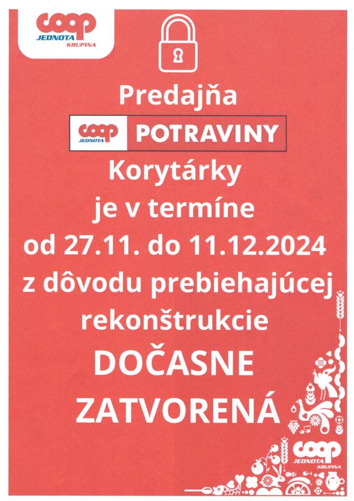 Zmena času zatvorenia prevádzky!