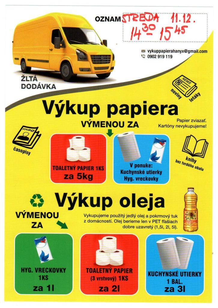V prílohe nájdete leták na výkup oleja a papiera.   Prvýkrát sa výkup uskutoční dňa 11.12.2024 od 14.30 do 15.45 hod.