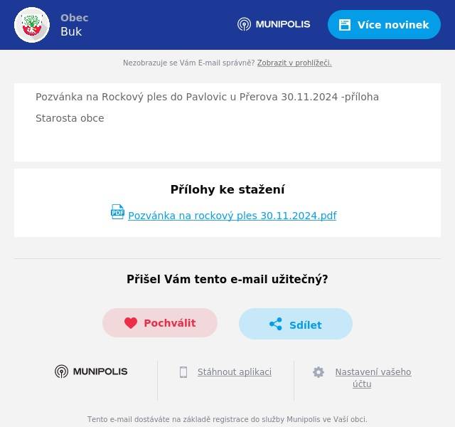 Pozvánka na Rockový ples do Pavlovic u Přerova 30.11.2024 -příloha Starosta obce 