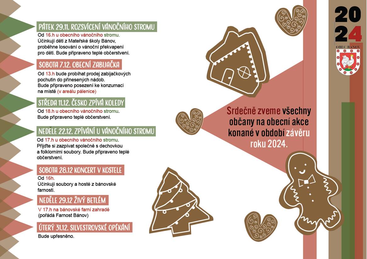Ø Srdečně zveme všechny občany na rozsvícení vánočního stromu, které se koná v pátek 29.11. od 16 h u obecního vánočního stromu. Účinkují děti z MŠ Bánov, proběhne losování o vánoční překvapení pro děti. Bude připraveno teplé občerstvení.