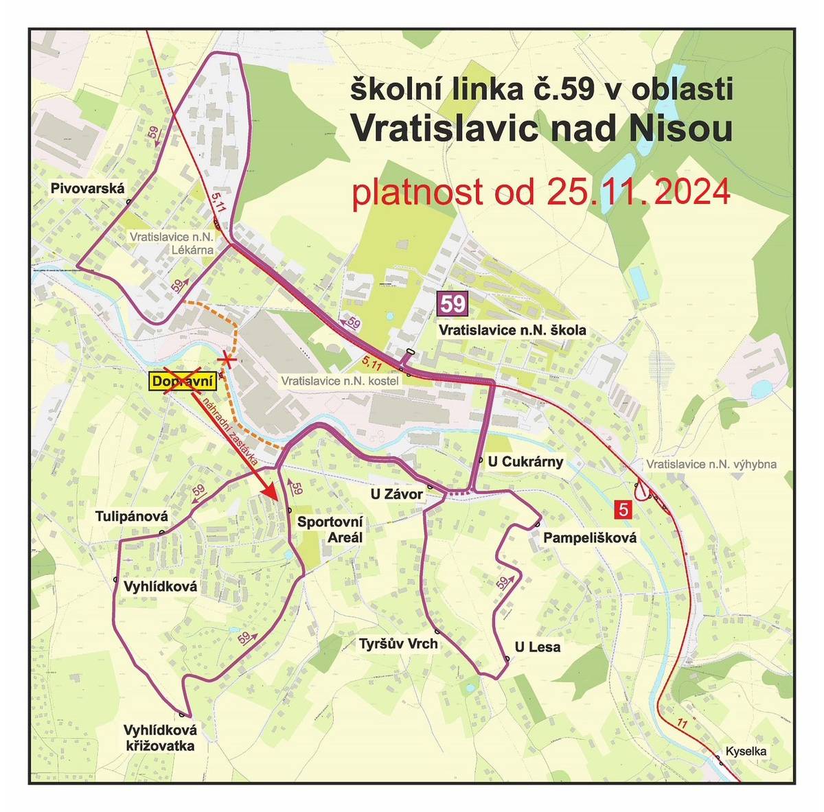 Aktualizace přiložené mapy - platnost od 25. 11. 2024 Z důvodu havarijního stavu mostu v ulici Rumburská dojde od pondělí 25. listopadu 2024 ke změně jízdního řádu na trase linky č. 59. Do odvolání nebude školní autobus obsluhovat zastávku Dopravní. Děkujeme za pochopení.   Dopravní podnik měst Liberce a Jablonce nad Nisou, a. s.